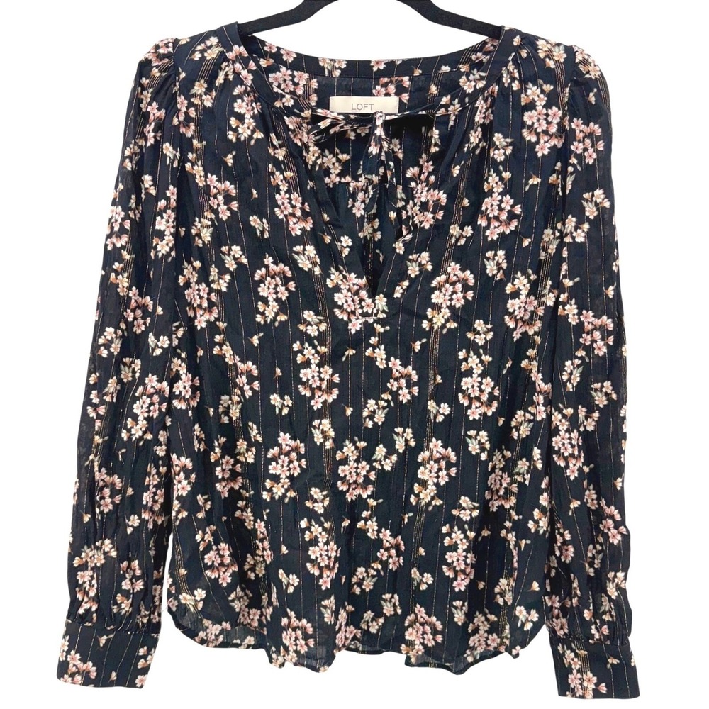 LOFT M Black Ditsy Floral Gold Shimmer Tie V-Neck Boho Peasant Top Cottagecore